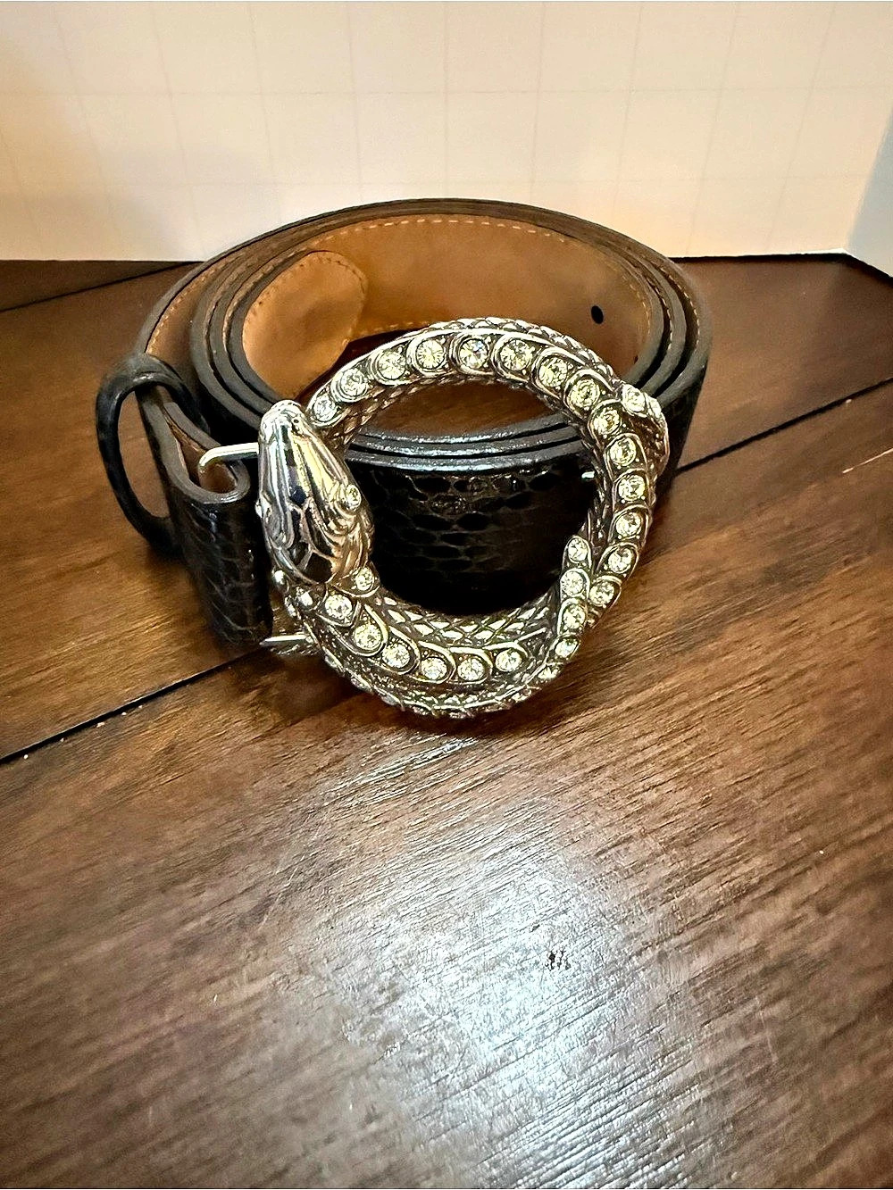 Brighton Blackโ Patent Leather Crystal Snake Buckle Belt Sz 38 Style B31503 USA